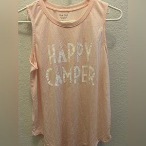 Happy Camper pink muscle tank, women Medium, graphic tee.